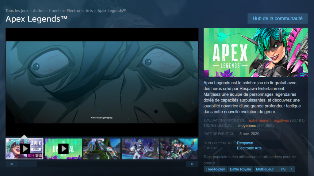 Screenshot of Apex Legends' Steam page showing over 86,000 extremely negative reviews (taken on July 30, 2024)