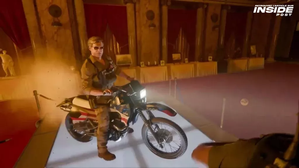 Scene from the trailer showing a character on a motorcycle in the White House.