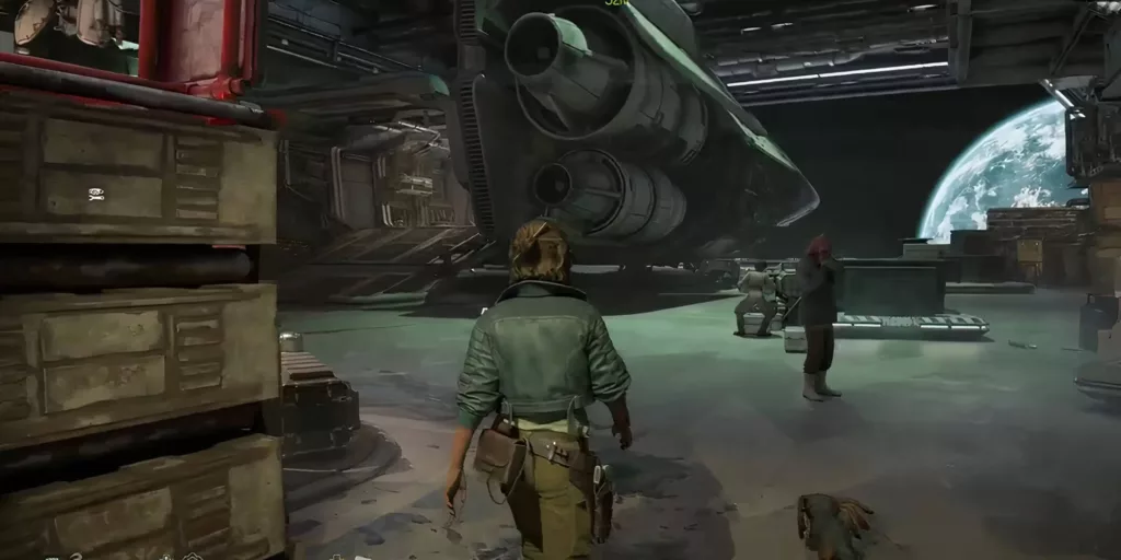 Image from a Star Wars: Outlaws trailer on console showing Kay Vess walking in a warehouse in one of the revealed graphic modes