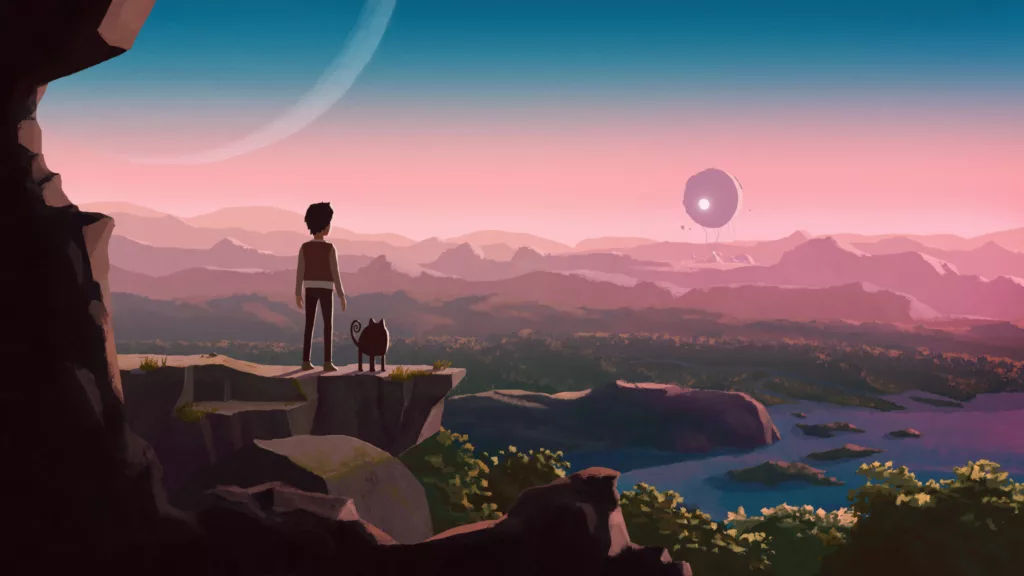 Image from Planet of Lana showing the main character and their dog overlooking mountains from a cliff.