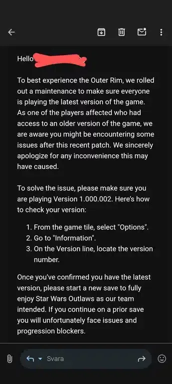 Email screenshot from Ubisoft about Day One patch for Star Wars Outlaws