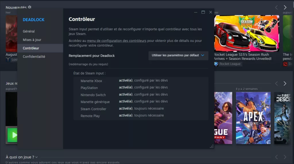 Screenshot showing Deadlock controller setup menu