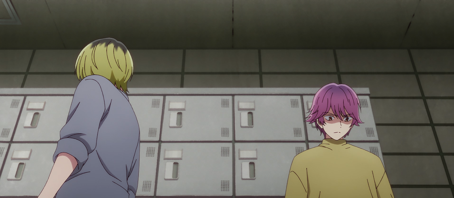 Blonde character and purple-haired character arguing in Oshi no Ko