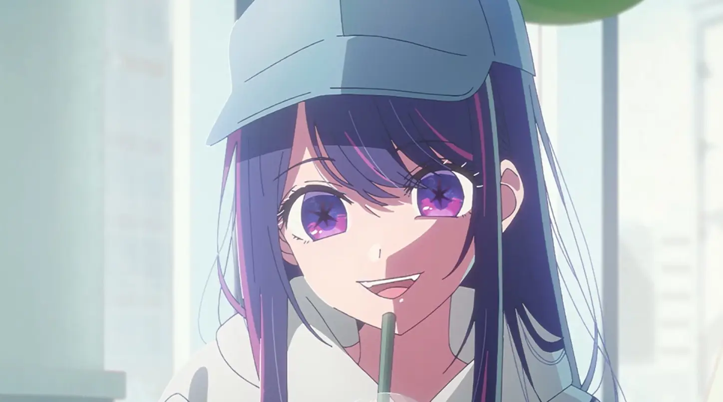 Ai Hoshino from Oshi no Ko, a girl with purple hair and eyes wearing a blue cap and sweatshirt