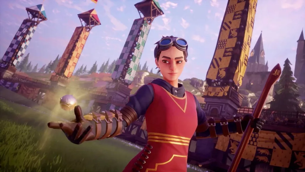 Image from the Harry Potter Quidditch Champions trailer showing the player character holding the Golden Snitch