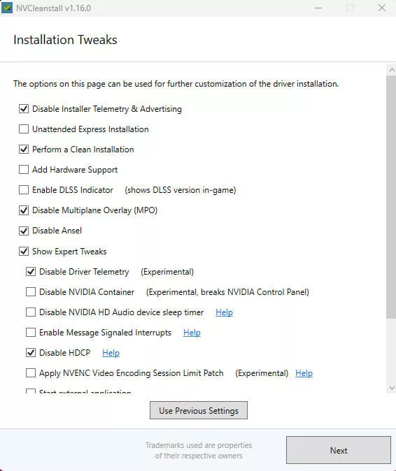 Screenshot showing NVcleaninstall setup