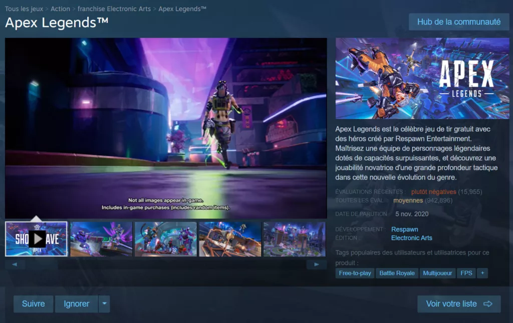 Screenshot of Apex's Steam page showing mostly negative reviews