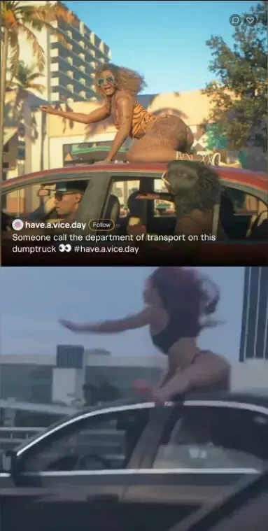 GTA 6 trailer reference showing a woman twerking on a car