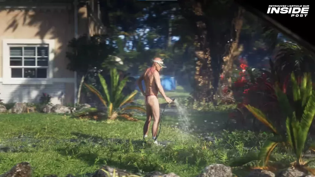 Reference from the GTA 6 trailer showing a nudist in his garden