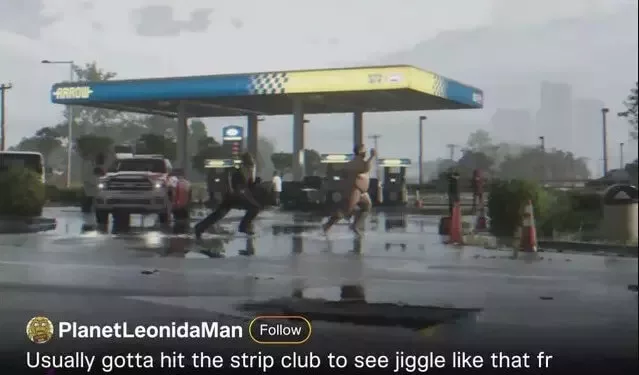 GTA 6 trailer reference showing a naked man at a gas station