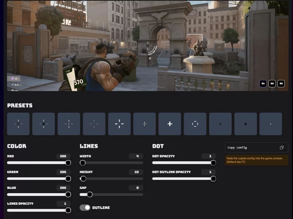 Screenshot of the crosshair configuration tool for Deadlock