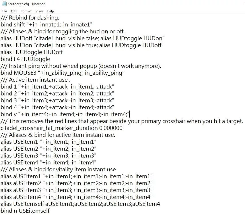 Configuration of the autoexec.cfg file in Deadlock