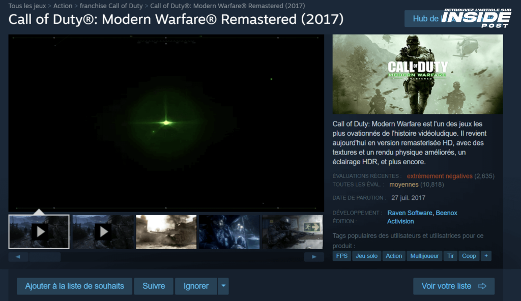 Screenshot of Call of Duty Modern Warfare Remastered review bombing on Steam following the H2M Mod cancellation