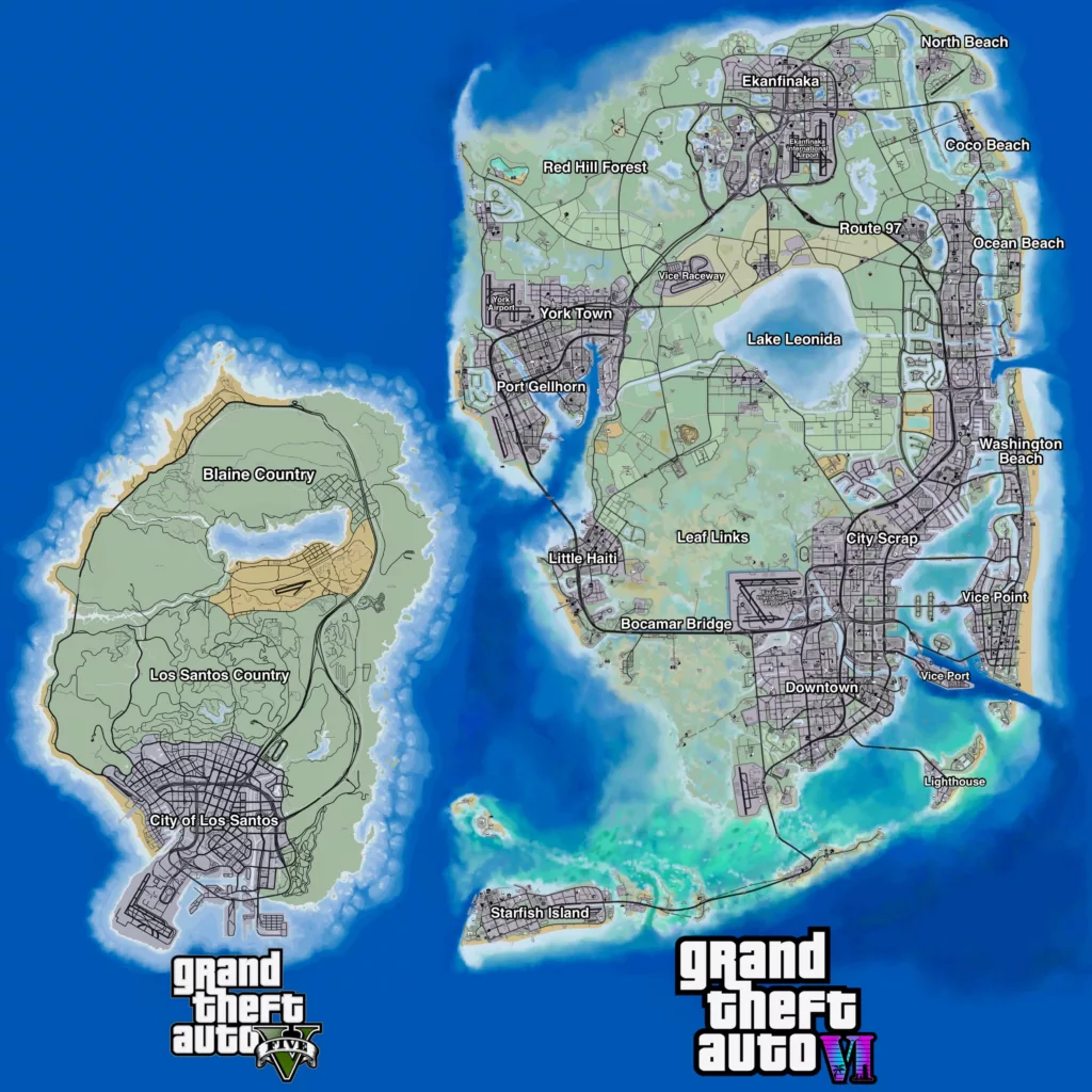 Comparison between GTA V map and GTA VI map