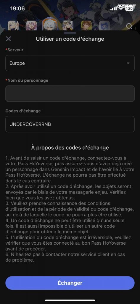 Entering your server, character name, and code to redeem in the HoYoLab app