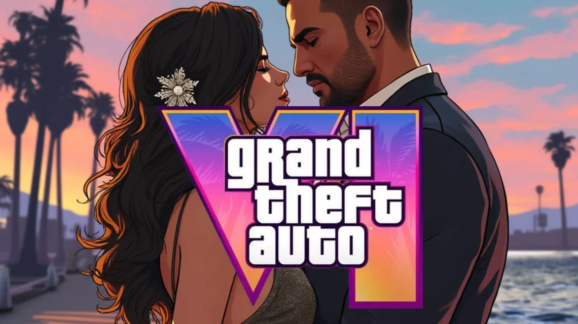 Concept art about the romances in GTA VI with the GTA 6 logo and a couple kissing on a beach in the background.