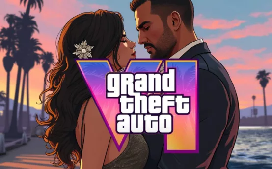 Concept art about the romances in GTA VI with the GTA 6 logo and a couple kissing on a beach in the background.